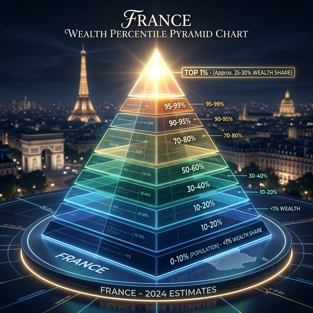 3D pyramid chart illustrating France's wealth distribution by population percentiles in 2024